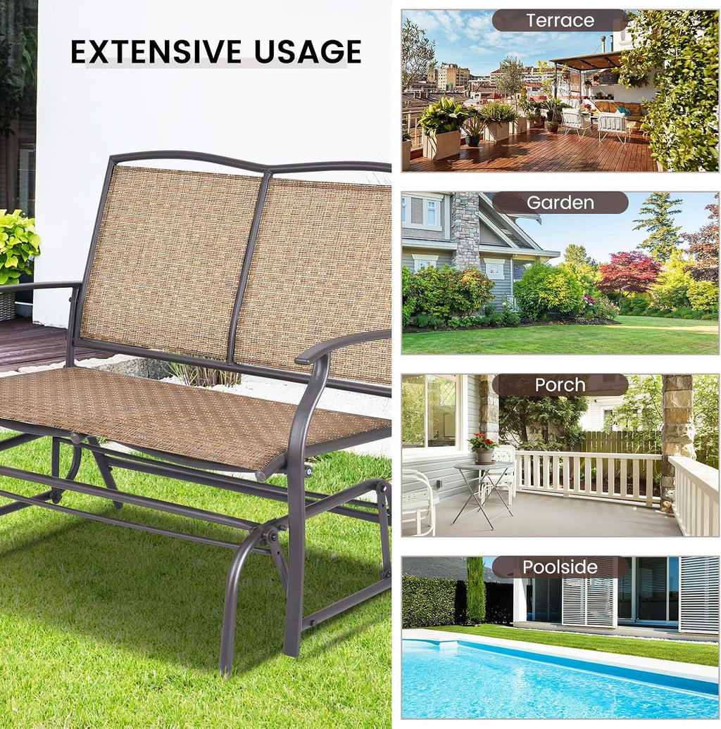 GIANTEX Patio Glider Benches for Outside, Swing Glider Chair w/Steel Frame | 400 LBS Capacity, Patio Swing Rocker, 2-Person Loveseat for Backyard, Poolside, Lawn, Balcony, Porch Glider Bench(Brown)