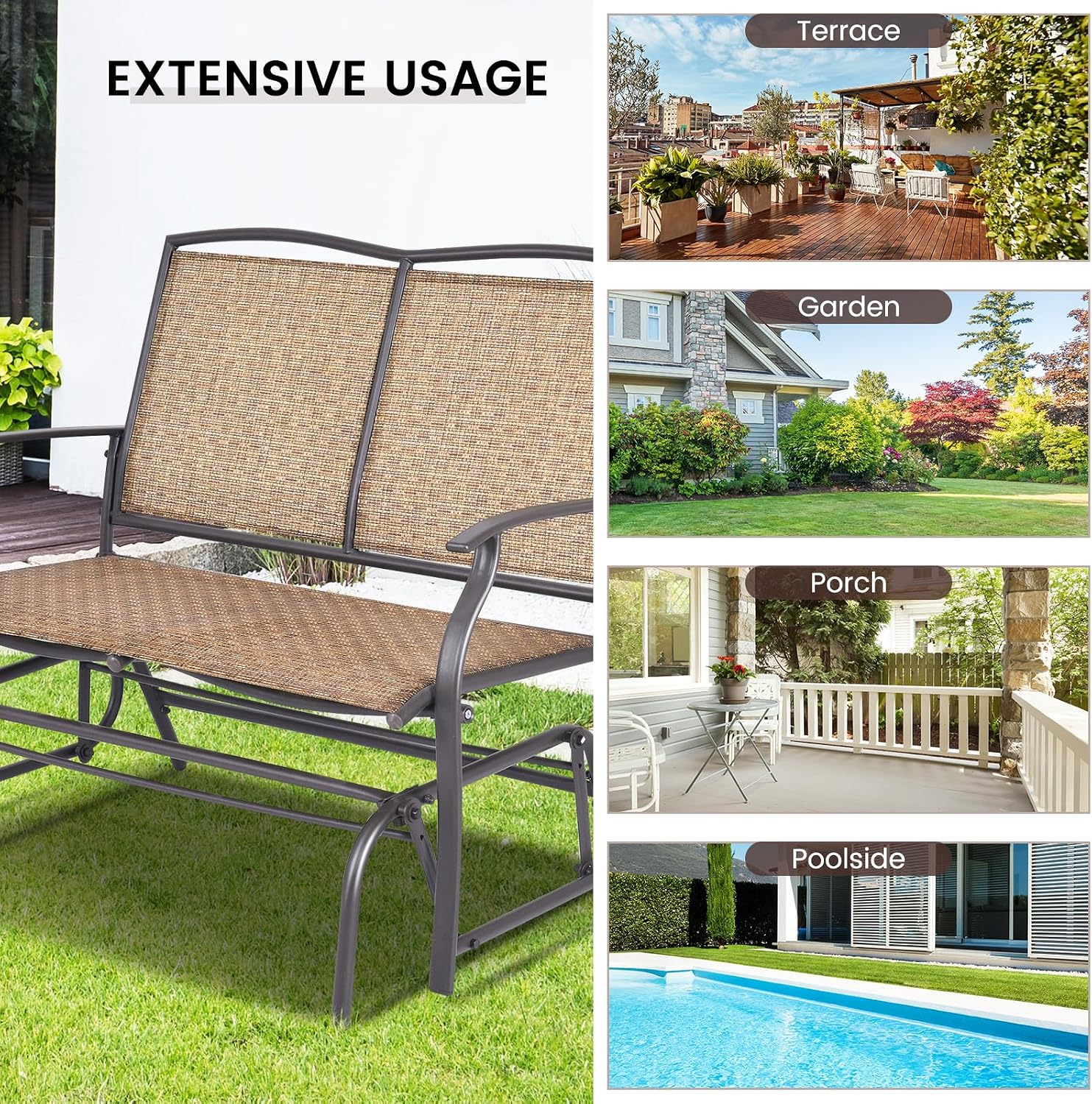 GIANTEX Patio Glider Benches for Outside, Swing Glider Chair w/Steel Frame | 400 LBS Capacity, Patio Swing Rocker, 2-Person Loveseat for Backyard, Poolside, Lawn, Balcony, Porch Glider Bench(Brown)