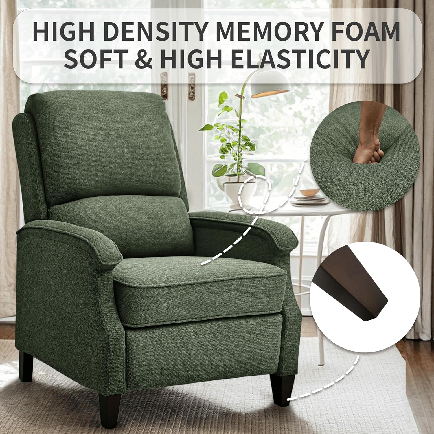 VKNOW Recliner Chair, Fabric Recliner with Soft Armrest, Home Theater Seating with Adjustable Push Back and Lumbar Support, Single Sofa for Adults, Lounge Chair for Living Room, Bedroom（Green）