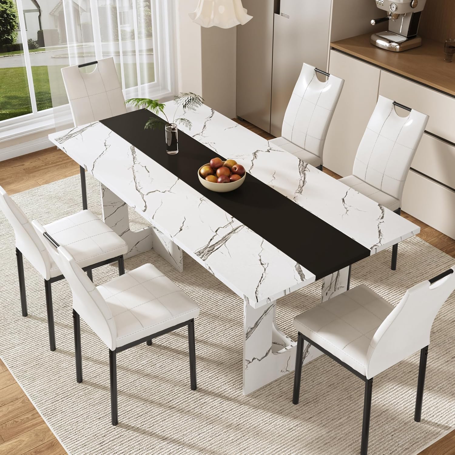 St.Mandyu 7 Pieces Dining Table & Chairs Set for 4-8 People, 71 Inch Kitchen Table with 6 Chairs, Rectangle Dining Table with Wooden Legs for Dining Room, Living Room, White