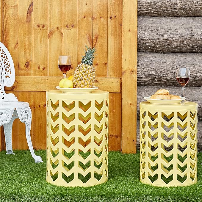Y&M Nesting Side Table, Set of 3 Stacking Coffee Table for Living Room, Indoor End Tables, Outdoor Decorative Garden Stool with Heavy Duty Metal Frame Modern Industrial Decor - Yellow