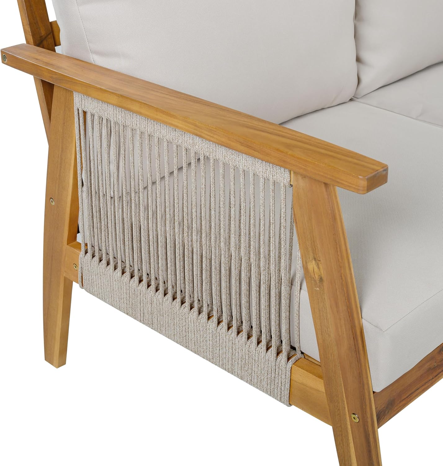 Christopher Knight Home Outdoor 3 Seater Patio Sofa with Acacia Wood Frame and Rope Weave Design, Cushioned Garden Couch with Removable Covers for Patio Deck Balcony, Teak and Beige