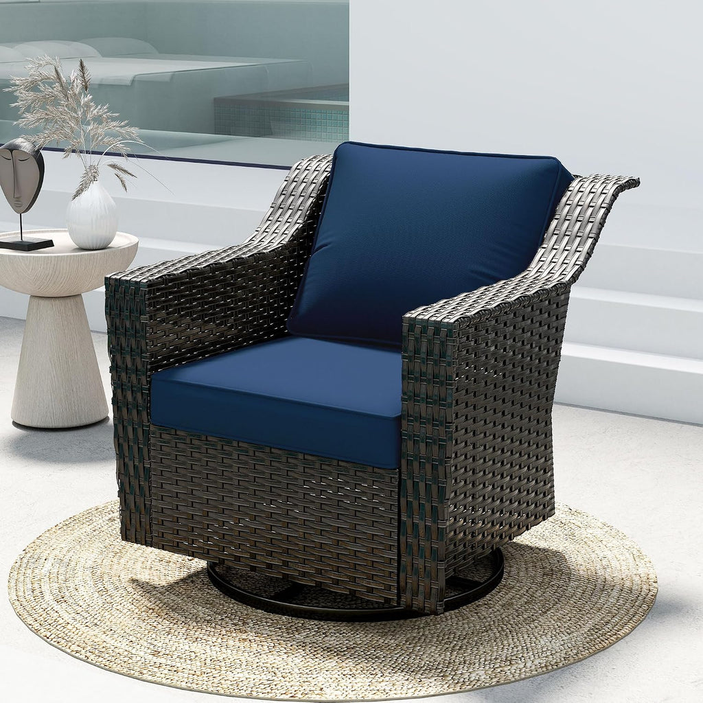 Outdoor Furniture Swivel Chair, Patio Glider Wicker Rocker Seating with Cushions for Porch Deck Balcony (Blue)