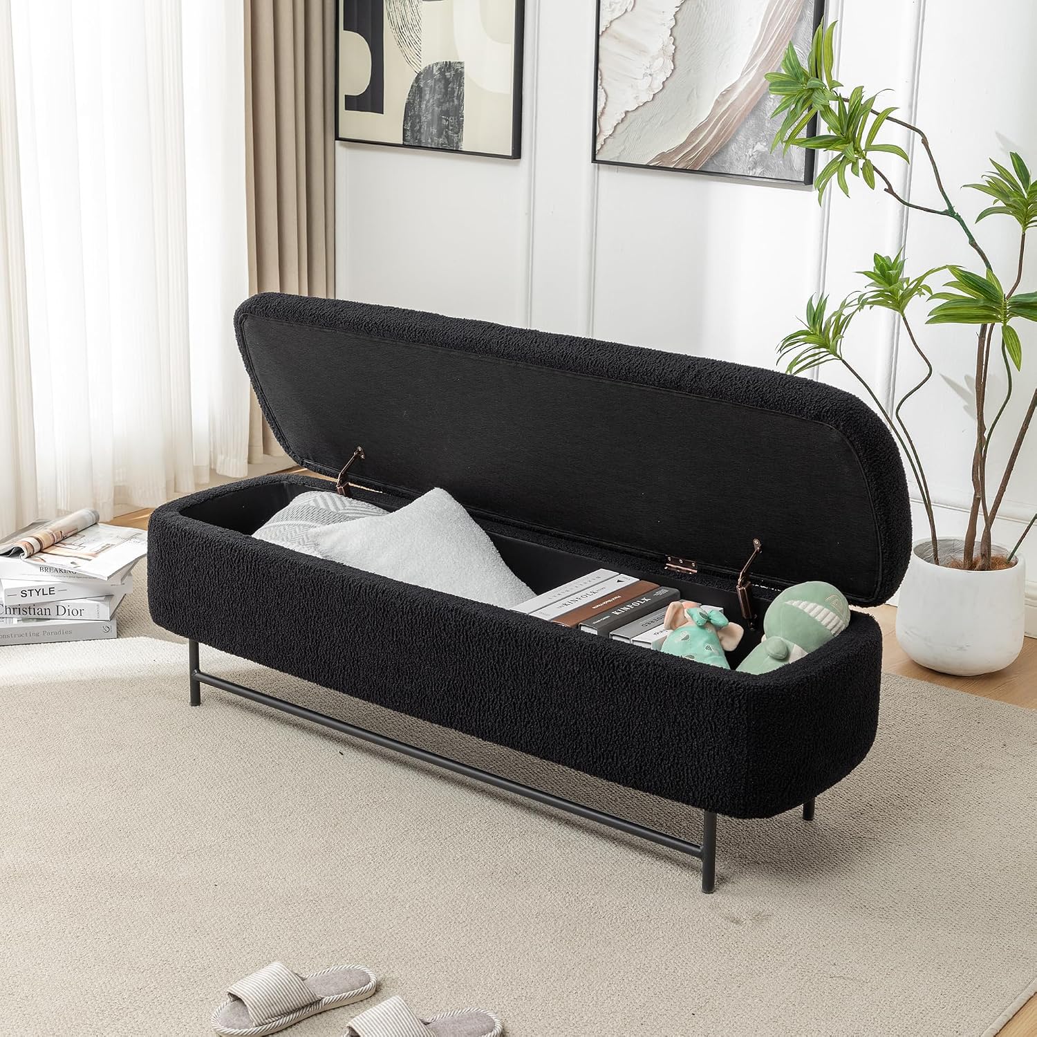 56" Boucle Storage Bench for Bedroom, Upholstered Teddy Ottoman Bench, Modern Extra Long Storage Bench for End of Bed/Entryway/Livingroom/Window (Black)