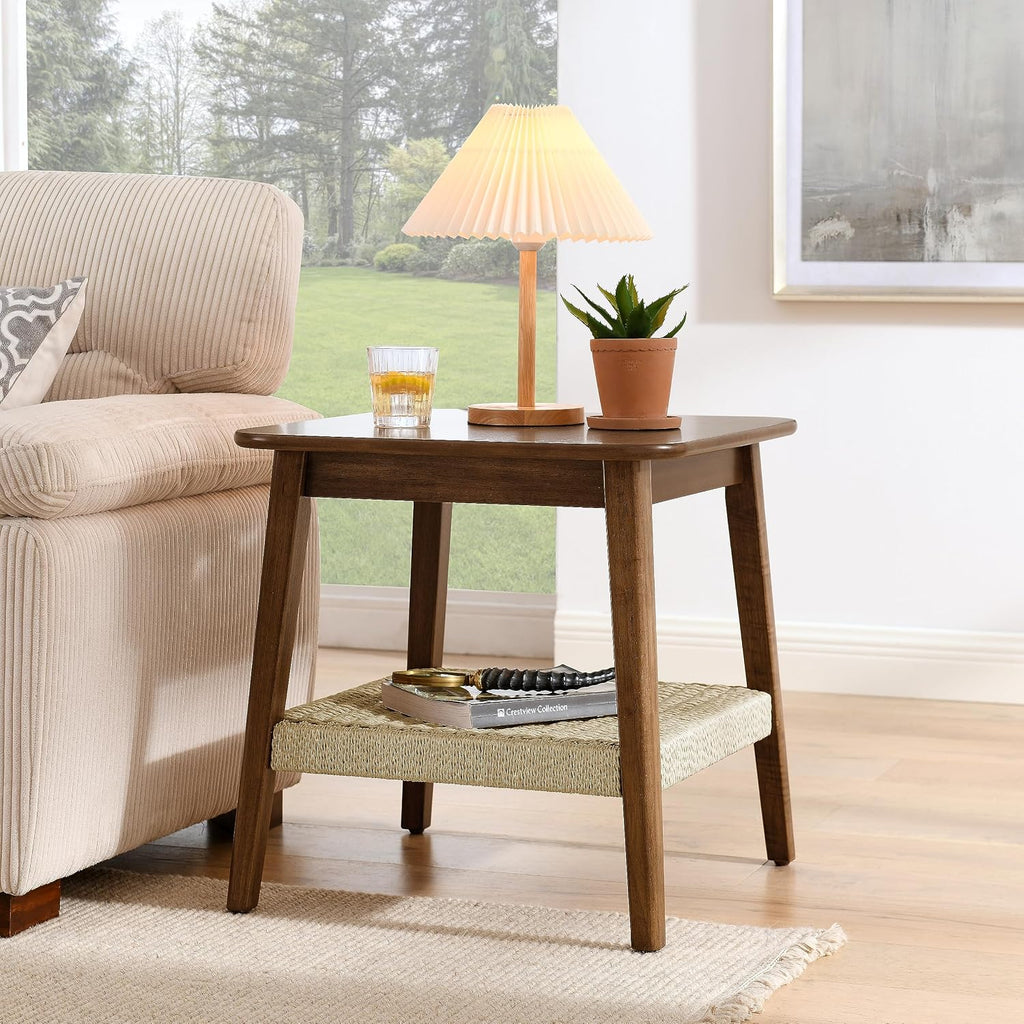 NewCosmos 23" Mid-Century Side Table with Woven Shelf, Boho Side Table with Storage, Bedside Tables, Small Side Table for Living Room Couch Bedroom Patio Home Office