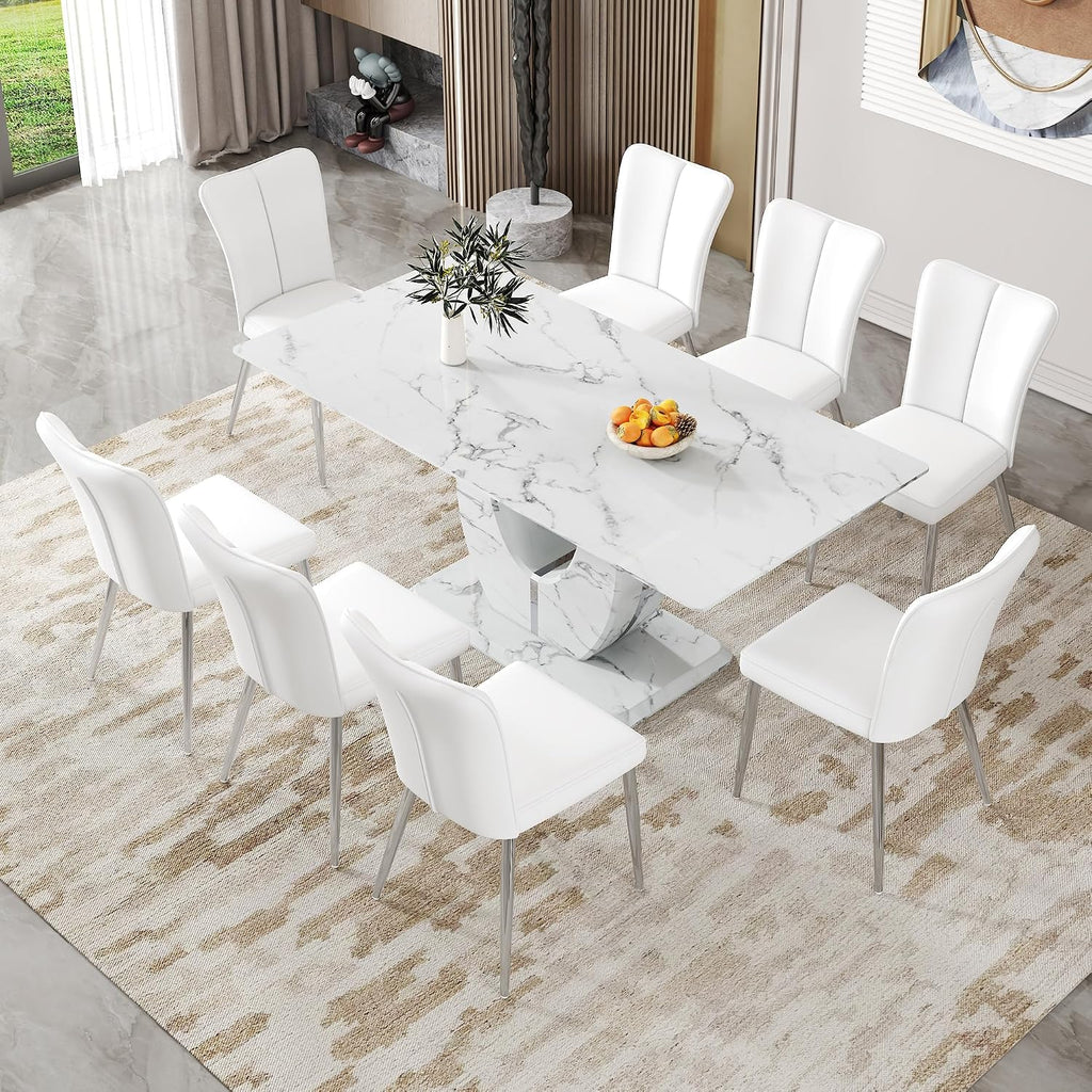 White Faux Marble Dining Table for 6/7/8｜Modern Luxury Dining Room Table｜71" Large Rectangular Kitchen Table with 0.4" Thick Tempered Glass Top for Family Gatherings