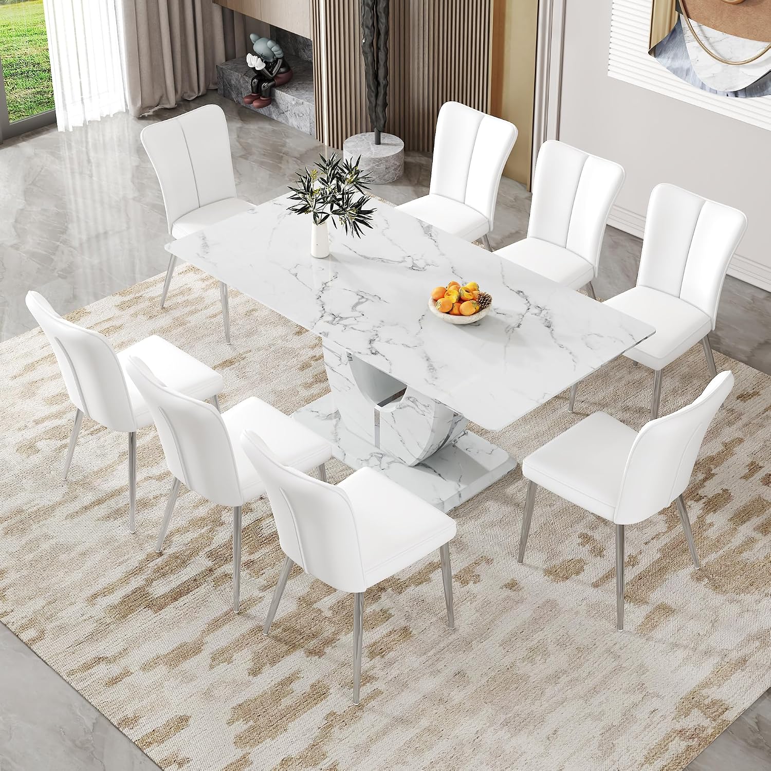 White Faux Marble Dining Table for 6/7/8｜Modern Luxury Dining Room Table｜71" Large Rectangular Kitchen Table with 0.4" Thick Tempered Glass Top for Family Gatherings