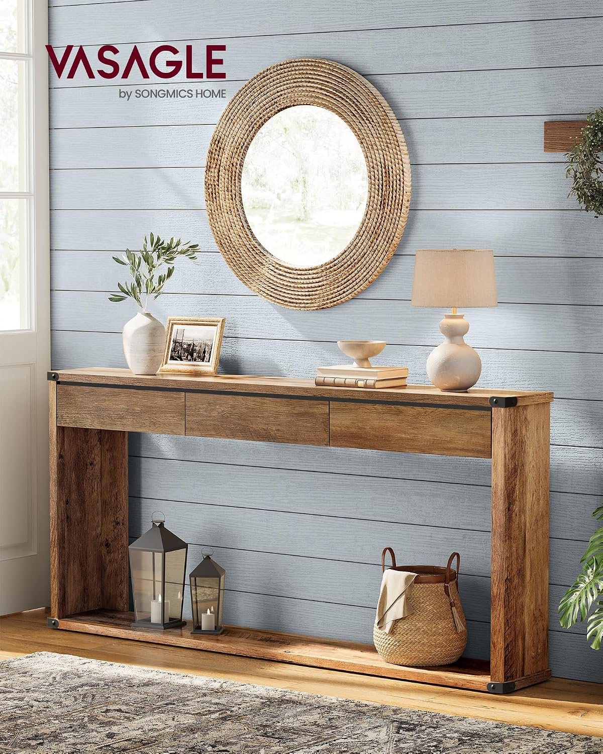 VASAGLE 63" Console Table with 3 Drawers, Entryway Table, Bottom Shelf | Narrow Sofa Table Behind Couch, Metal Corners, for Living Room, Bedroom, Farmhouse Style, Honey Brown ULNT146KB01S