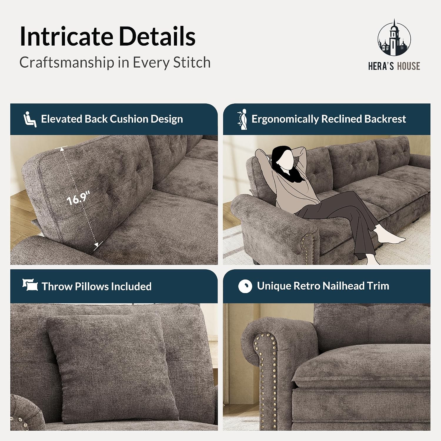 HERA'S HOUSE 150" Oversized U Shaped Modular Sectional Couch Living Room | Mid-Century Modern 6-Seater Cloud Sofa, Grayish Brown, Rolled Arms & Nailhead Trim, Wider & Deeper Seats, Ottoman, Chenille