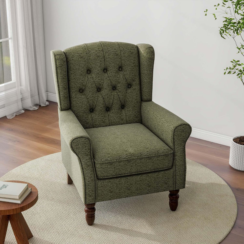 Accent Chair, Upholstered Armchair with Button Tufted High Back & Solid Wood Legs, Comfy Wingback Reading Single Sofa Chair for Small Spaces, Living Room, Bedroom
