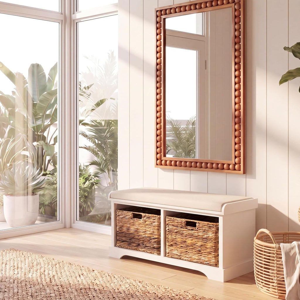 SAFAVIEH Furniture - Freddy 2-Basket Storage Bench - Vintage White - Solid Wood - Coastal Basket Storage Design - Ideal for Entryway, Living Room, Hallway, 18" Seat Height - Fully Assembled (AMH5736D)