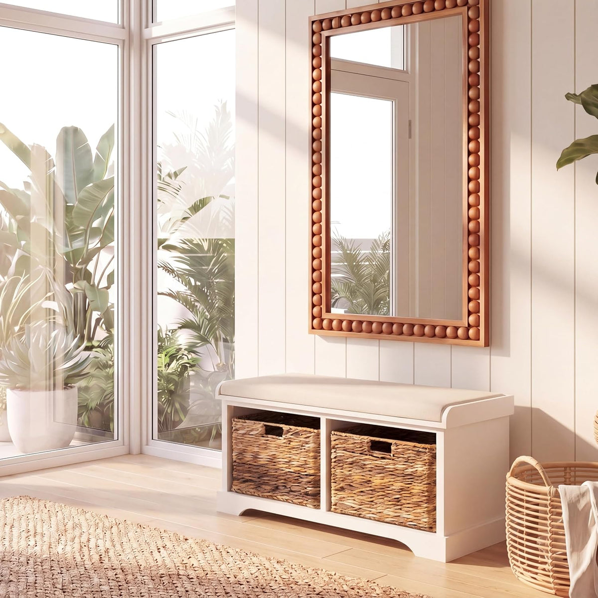 SAFAVIEH Furniture - Freddy 2-Basket Storage Bench - Vintage White - Solid Wood - Coastal Basket Storage Design - Ideal for Entryway, Living Room, Hallway, 18" Seat Height - Fully Assembled (AMH5736D)