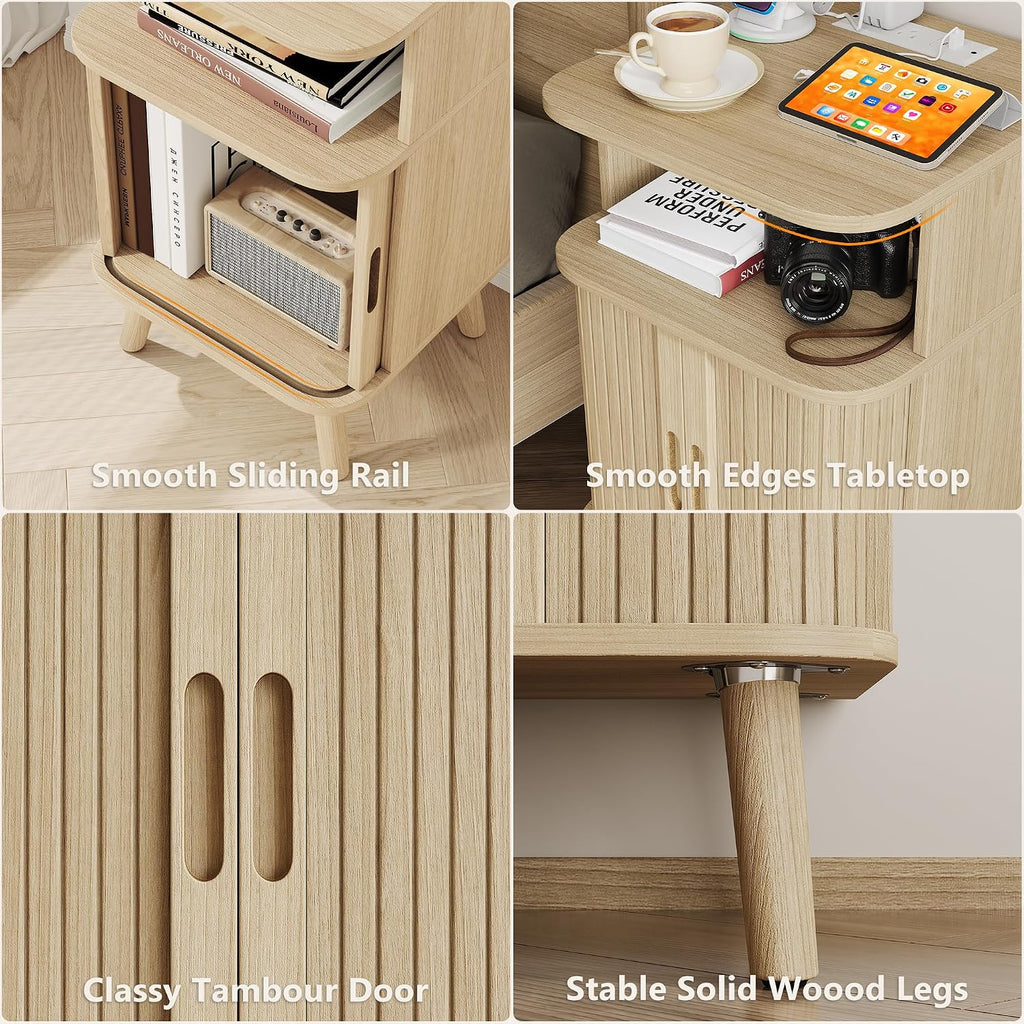 Alohappy Fluted Nightstands Set of 2 with Charging Station, Mid Century Modern Bedside Tables with Sliding Tambour Doors, Curved Wood End Table with Storage for Bedroom, Living Room, Natural Oak