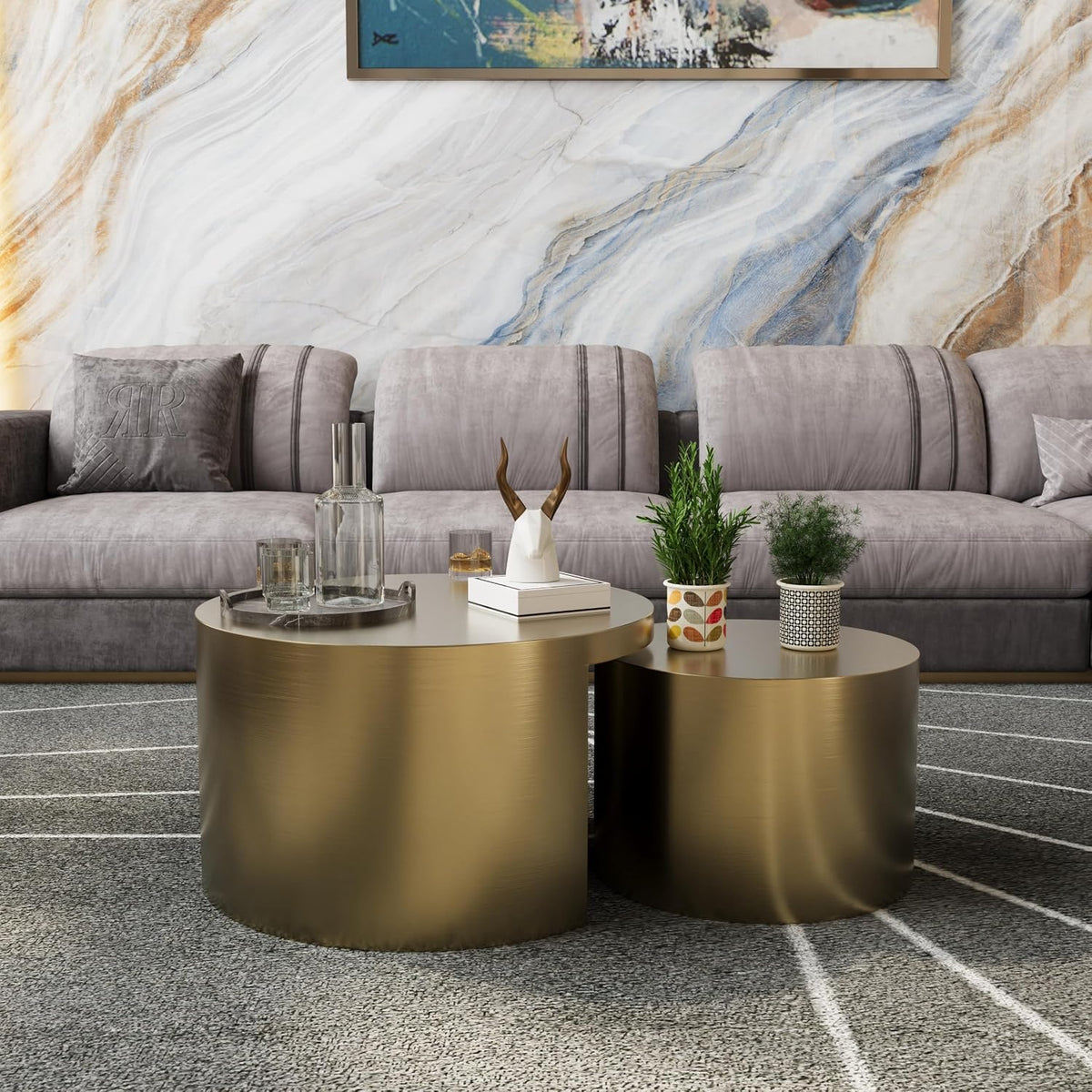 BQueen Round Nesting Coffee Table Set of 2, Brushed Gold Stainless Steel Modern Coffee Tables, 2 in 1 Space Saving Stackable Accent Tables for Living Room, Small Space Apartment