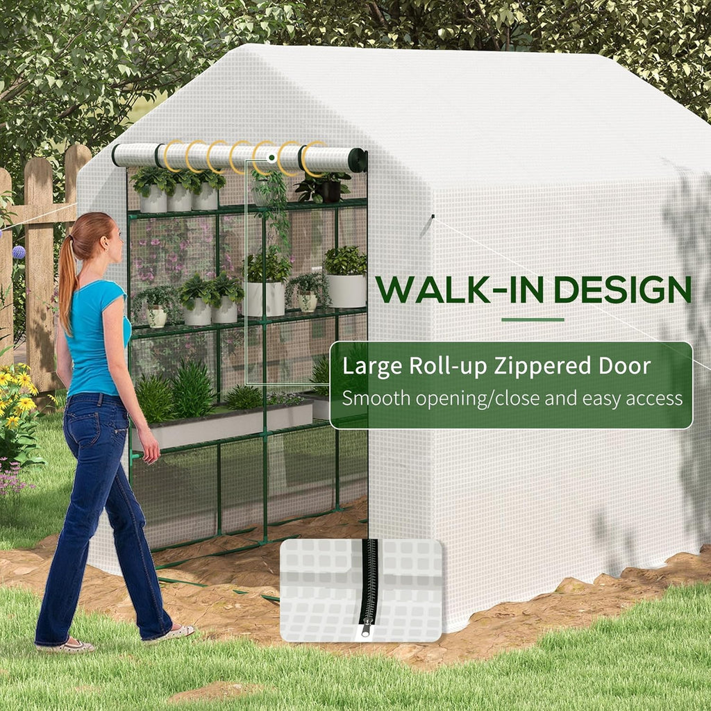 Outsunny 8' x 6' x 7' Walk-in Greenhouse, PE Cover, 4-Tier Shelves, Steel Frame Hot House, Roll-Up Zipper Door for Flowers, Vegetables, Saplings, Tropical Plants, White