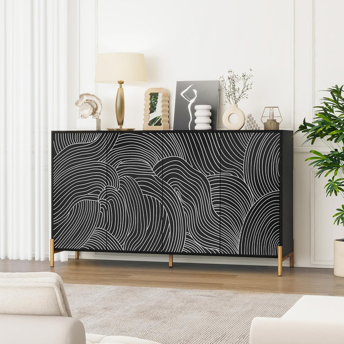 59" Buffet Cabinet, Wood Accent Cabinets with 4 Doors, Modern Cabinet with Adjustable Shelf, Credenzas for Living Room, Kitchen (Black)