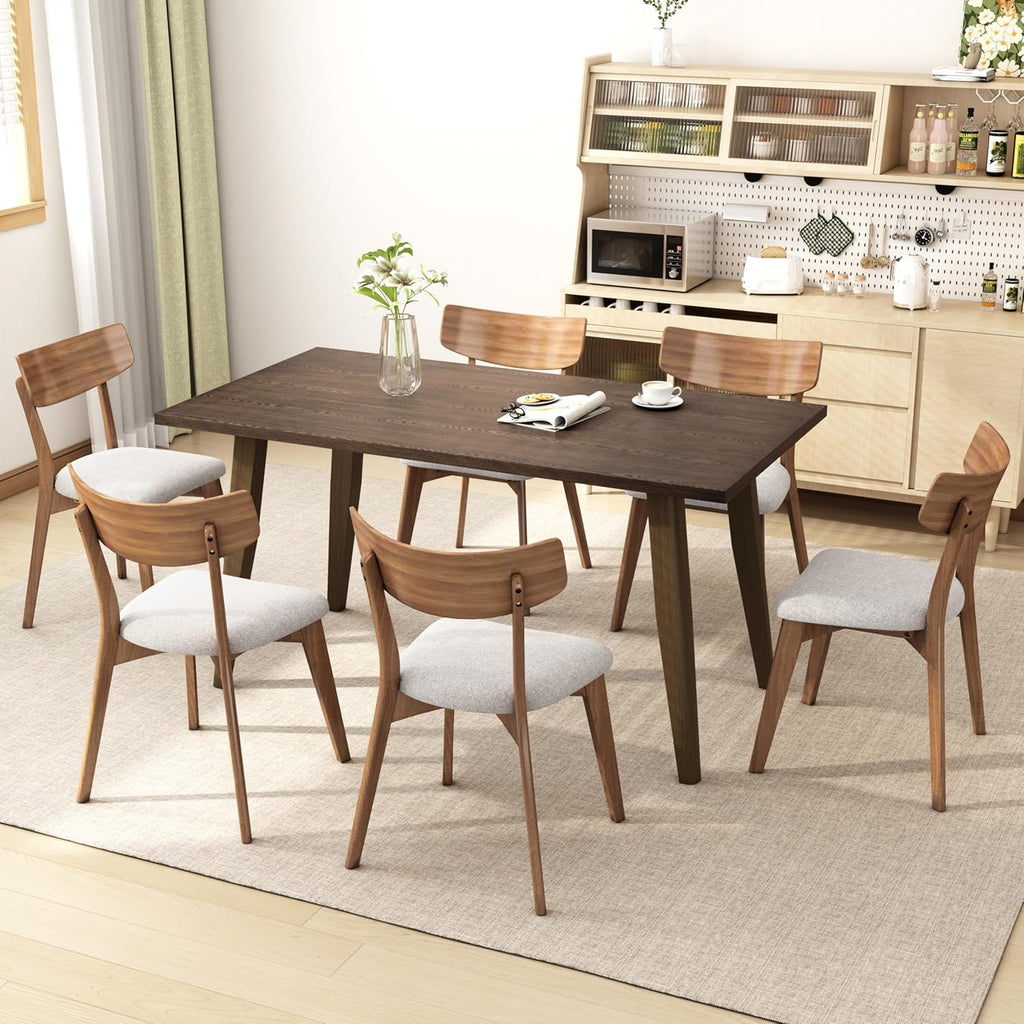 Modern Dining Chairs with Upholstered Cushion, Solid Rubber Wood Dining Chair with Comfortable Backrest, Sturdy Wooden Chairs for Kitchen, Dining Room (Walnut-Beige, 6 Sets)