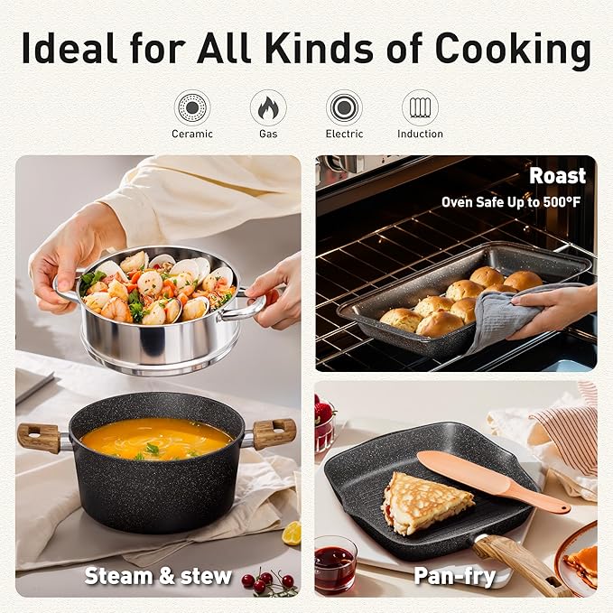 30 Piece Pots and Pans Set Non Stick, Granite Induction Cookware Sets, Nonstick Kitchen Cookware Sets, Non Toxic Cookware Set with Frying Pans and Saucepan, Kitchen Pots and Pans Set, Black