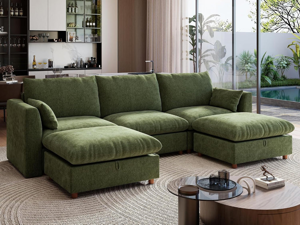 Ihanherry 117" Oversized Modular Sectional Sofa, Modern U Shaped Cloud Couch with 2 Storage Ottoman, 5-Seat Comfy Chenille Deep Seat Sofa with 2 Pillows for Living Room, Green