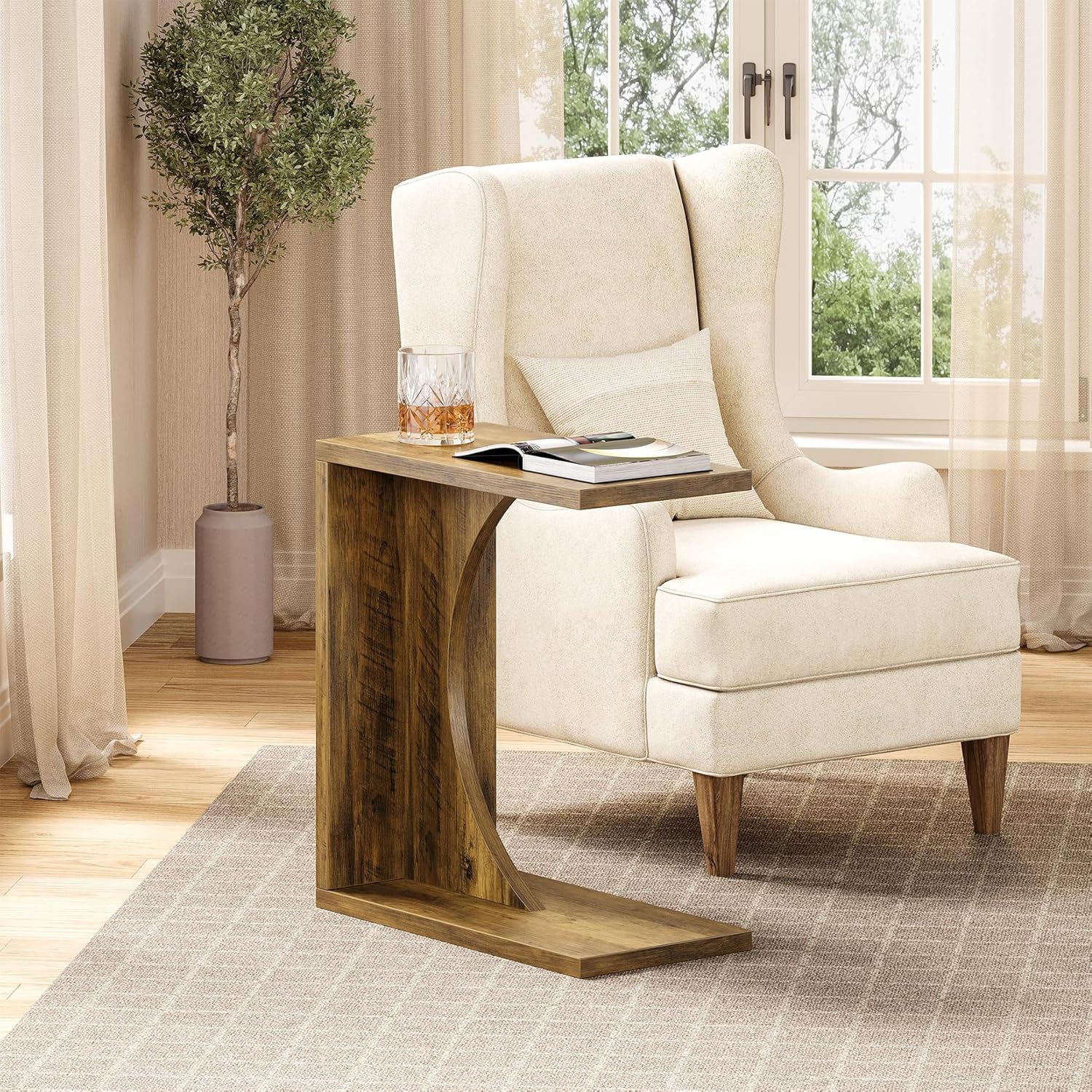 LITTLE TREE C Shaped End Table for Sofa & Bedroom - Small Side Table for Living Room, Over Couch Tray Stand for Laptop, Snacks, Books, Brown, 1 Pack