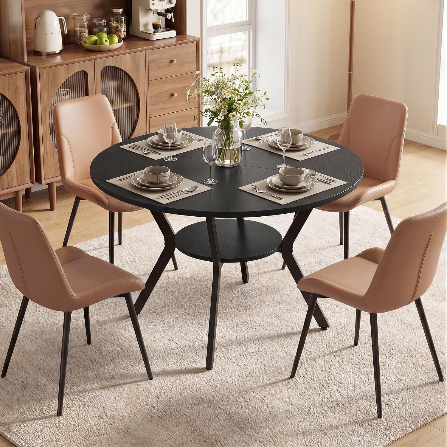 Miereirl 42.13" 5-Piece Round Dining Table Set for 4, Kitchen Table Set with 4 Upholstered Chairs and Storage Shelf, Dining Room Furniture Set for Apartment, Small Spaces