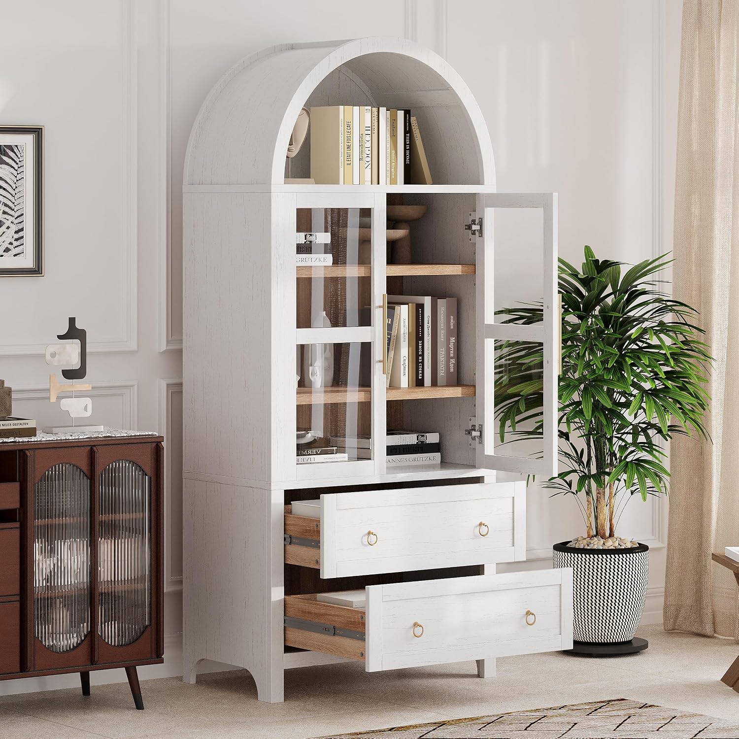 71" Tall Arched Kitchen Pantry Cabinet, Modern Farmhouse Freestanding Food Storage Cabinet with 2 Large Drawers & Adjustable Shelves, Glass Door Wood Cupboard for Kitchen & Dining Room,White