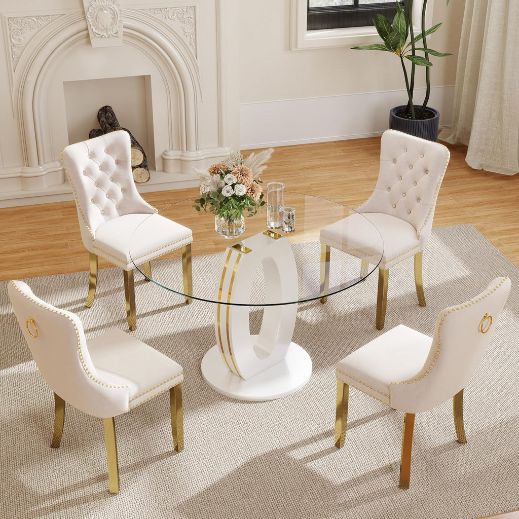 RGZ 39'' Modern Luxury Clear Glass Round Dining Table for 4-6, Glass Circle Top Kitchen Table with Elegant Gold Decorative Strips & White Base, Small Apartment Dinner Table for Home, Living Room