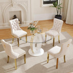 RGZ 39'' Modern Luxury Clear Glass Round Dining Table for 4-6, Glass Circle Top Kitchen Table with Elegant Gold Decorative Strips & White Base, Small Apartment Dinner Table for Home, Living Room