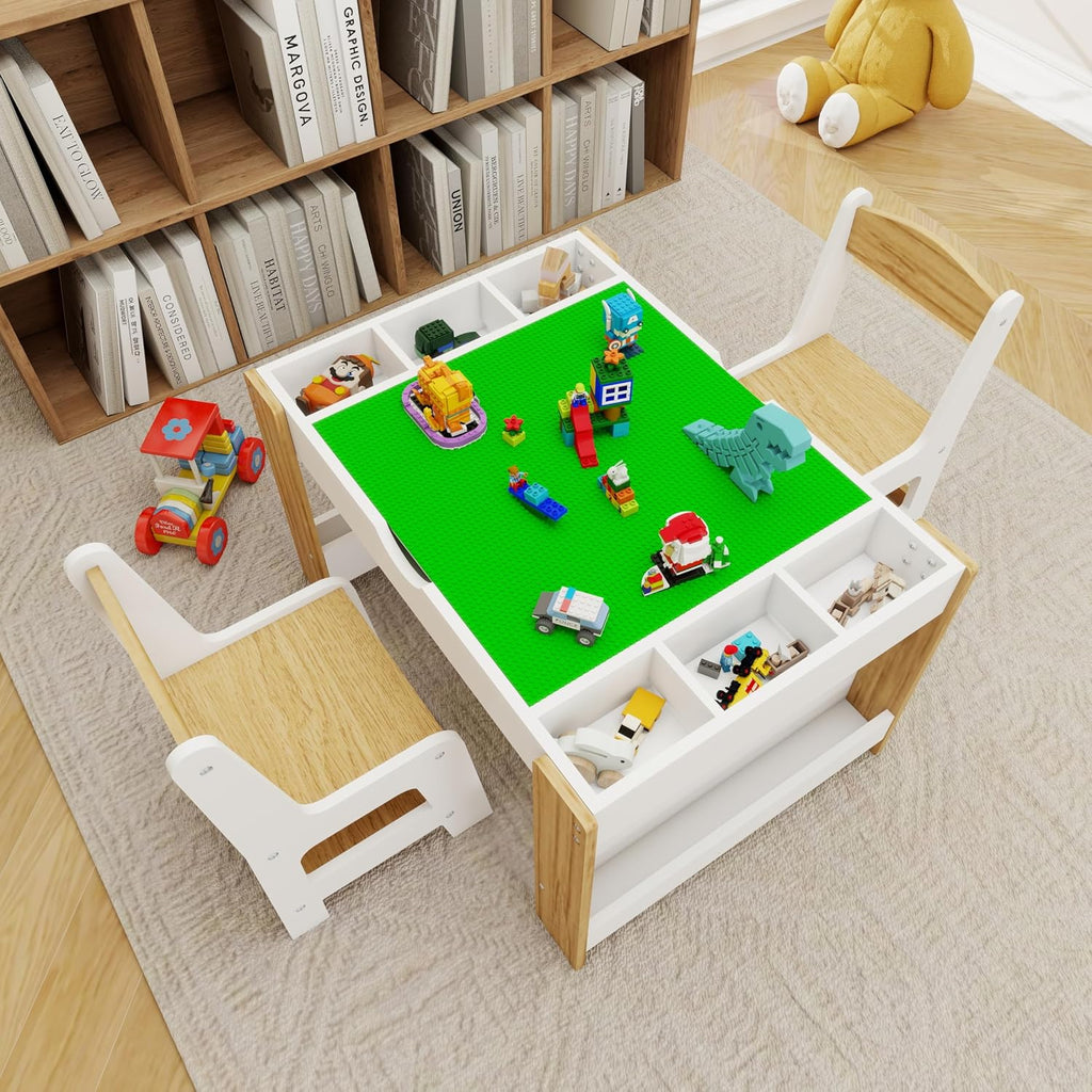 GDFStudio Kids 2-in-1 Activity Table & 2 Chairs Set LEGO-Compatible Play Table with Whiteboard Top, Storage Compartments & Canvas Drawer Chairs, Wooden Learning Desk Furniture for Playroom, White
