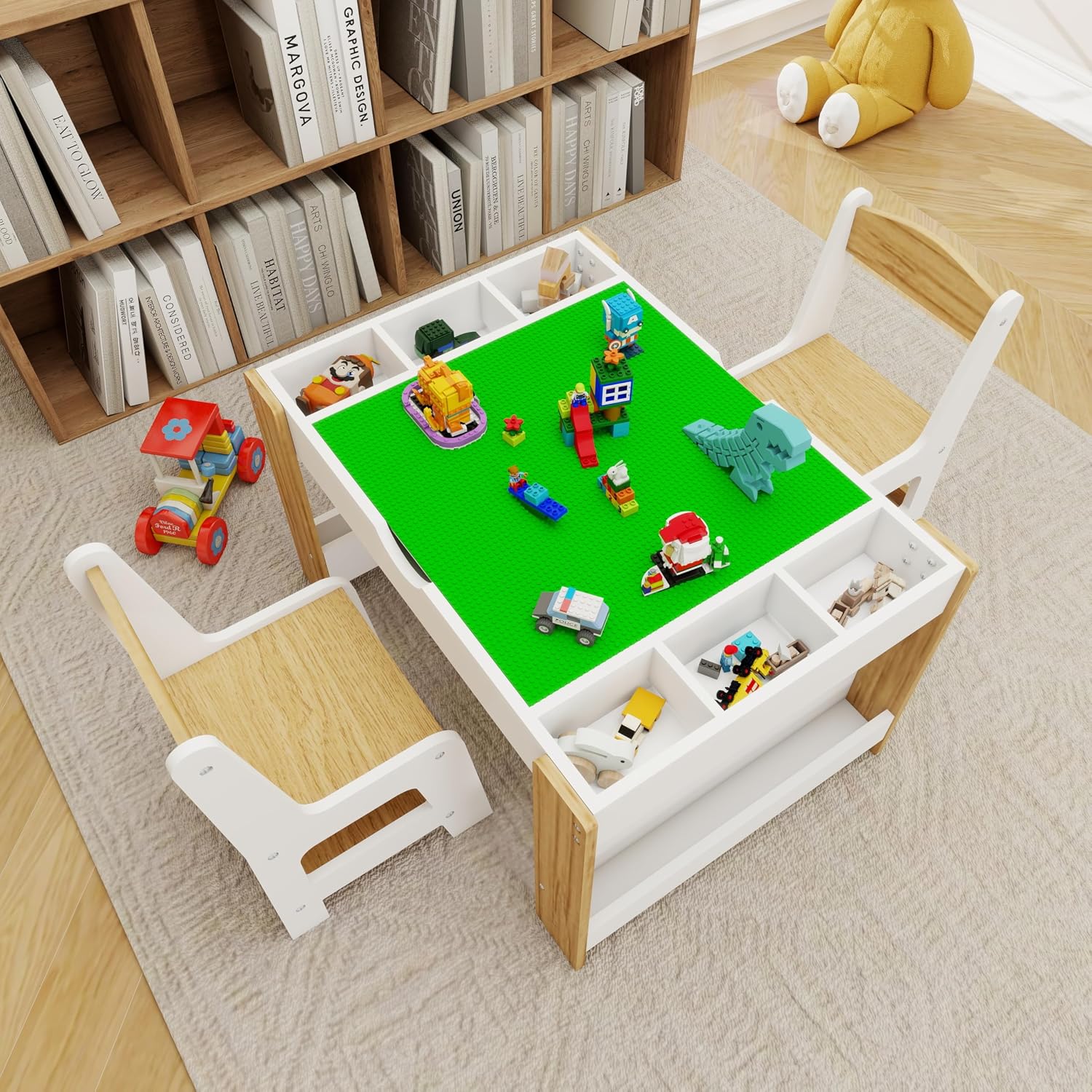 GDFStudio Kids 2-in-1 Activity Table & 2 Chairs Set LEGO-Compatible Play Table with Whiteboard Top, Storage Compartments & Canvas Drawer Chairs, Wooden Learning Desk Furniture for Playroom, White