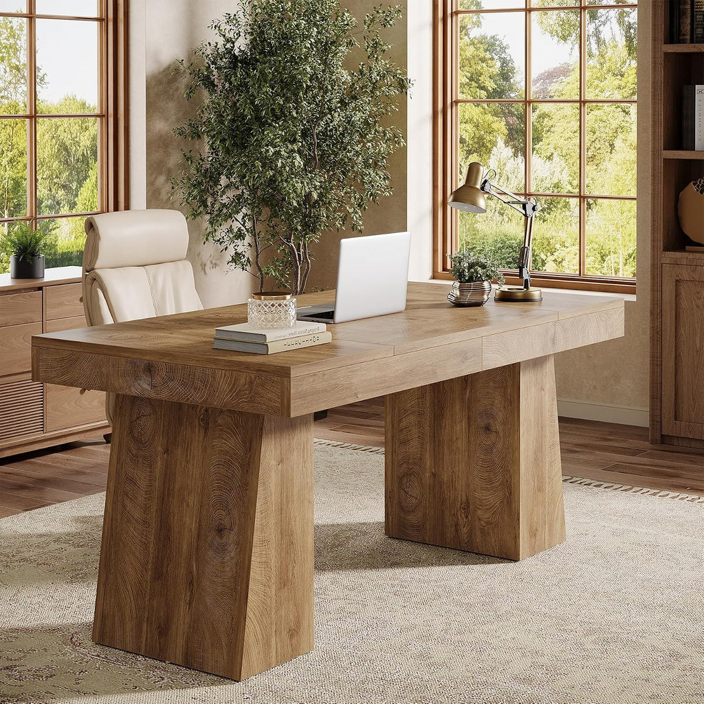Tribesigns 55" Executive Desk, Wooden Office Desk with Double Pedestal, Modern Computer Writing Table for Home Office, Light Brown