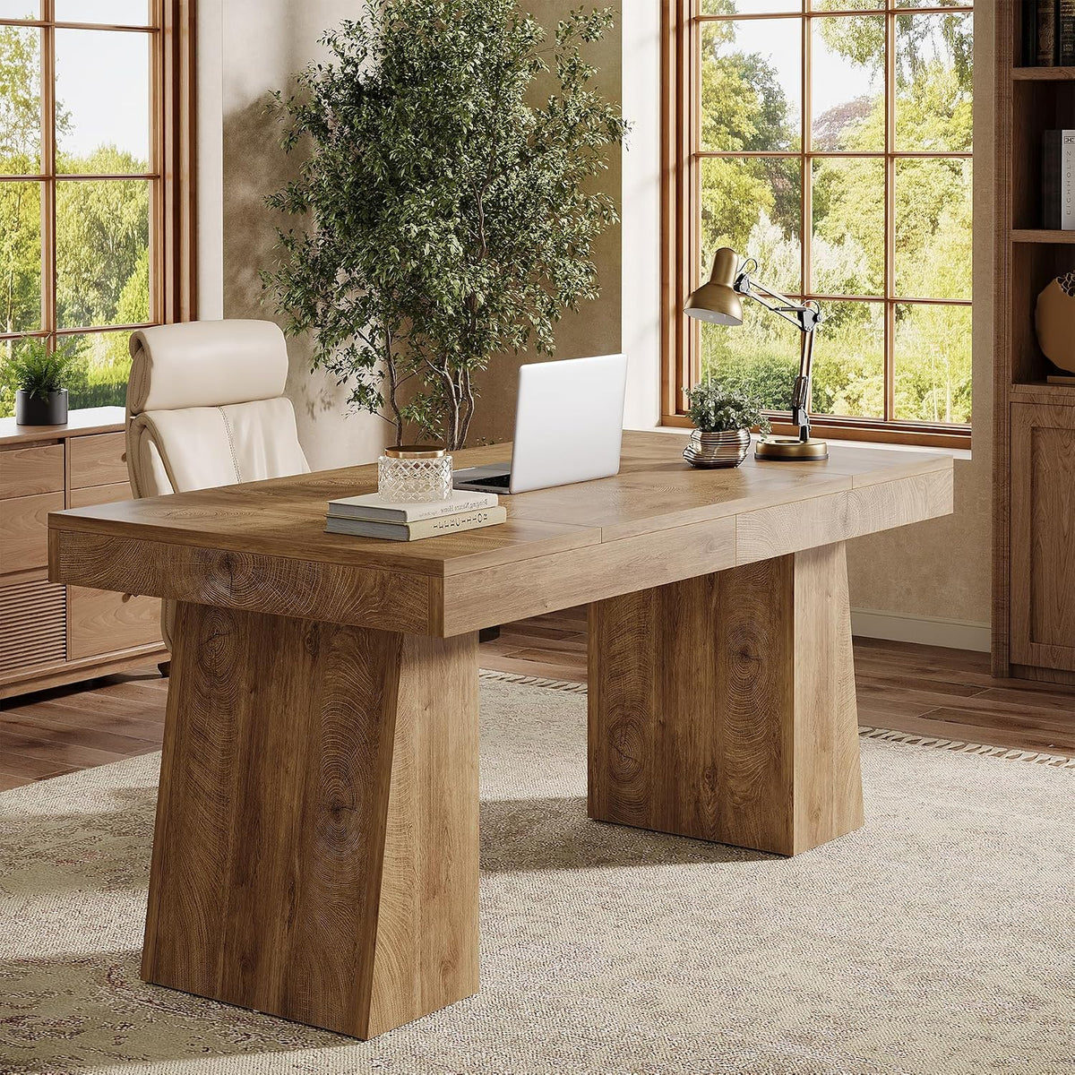Tribesigns 55" Executive Desk, Wooden Office Desk with Double Pedestal, Modern Computer Writing Table for Home Office, Light Brown