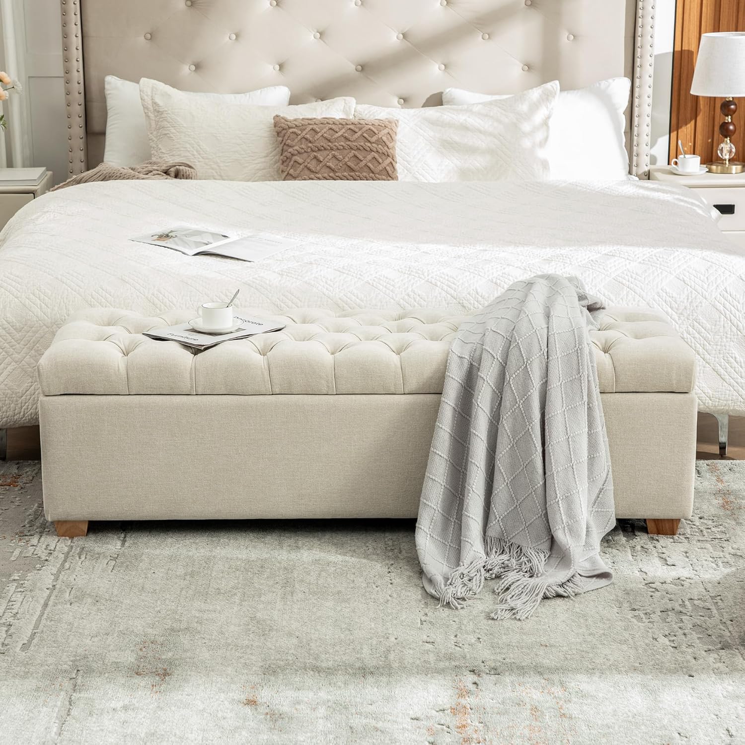 60.2" Storage Bench, End of Bed Storage Benches, Chenille Fabric Upholstered Ottoman Bench with Safety Hinge for Living Room Entryway Bedroom Hallway
