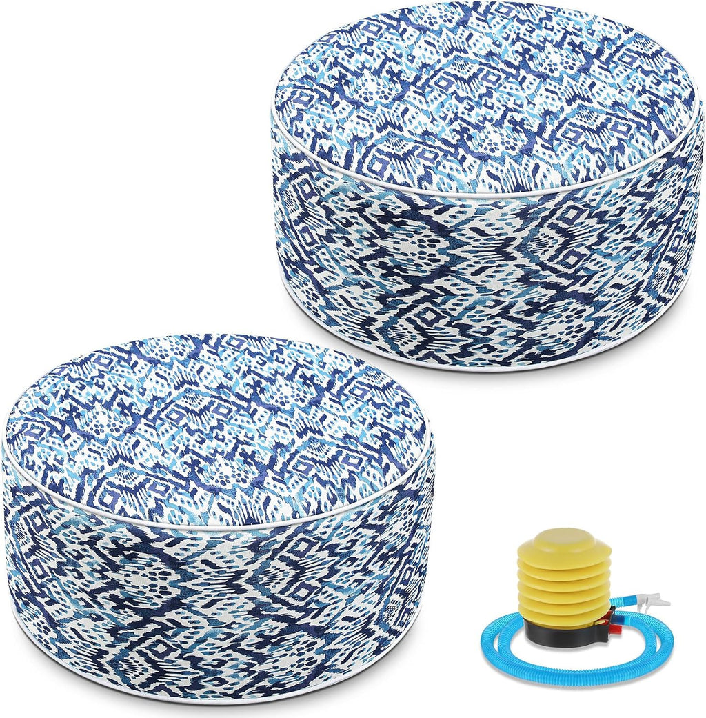 Cinnvoice 2 Pcs Inflatable Outdoor Ottoman Pouf Waterproof Round Footrest with Handle D21 x H9 Inch Indoor Outdoor Portable Footstool for Patio Garden Camping or Home Pool(Diamond Stripes)