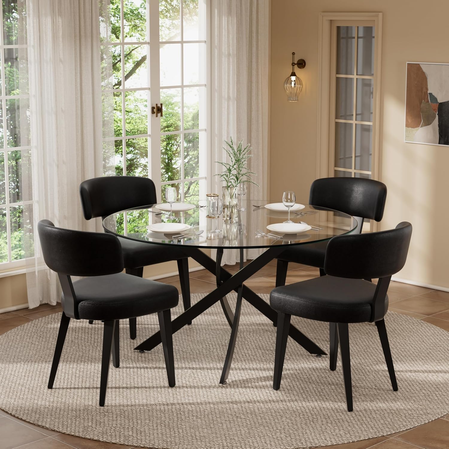 Dining Table Set for 4, 47" Round Kitchen Table with 4 Leather Dining Chairs, Tempered Glass Top with Metal Legs(All Black)