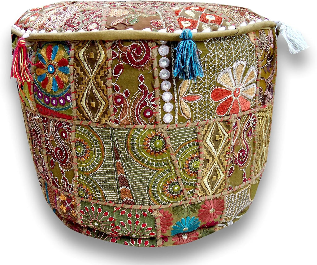 Sophia Art Indian Pouf Stool Vintage Patchwork Embellished with Patchwork Living Room Ottoman Cover, 18 X 13 Inches(Mhendhi Green)