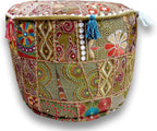 Sophia Art Indian Pouf Stool Vintage Patchwork Embellished with Patchwork Living Room Ottoman Cover, 18 X 13 Inches(Mhendhi Green)