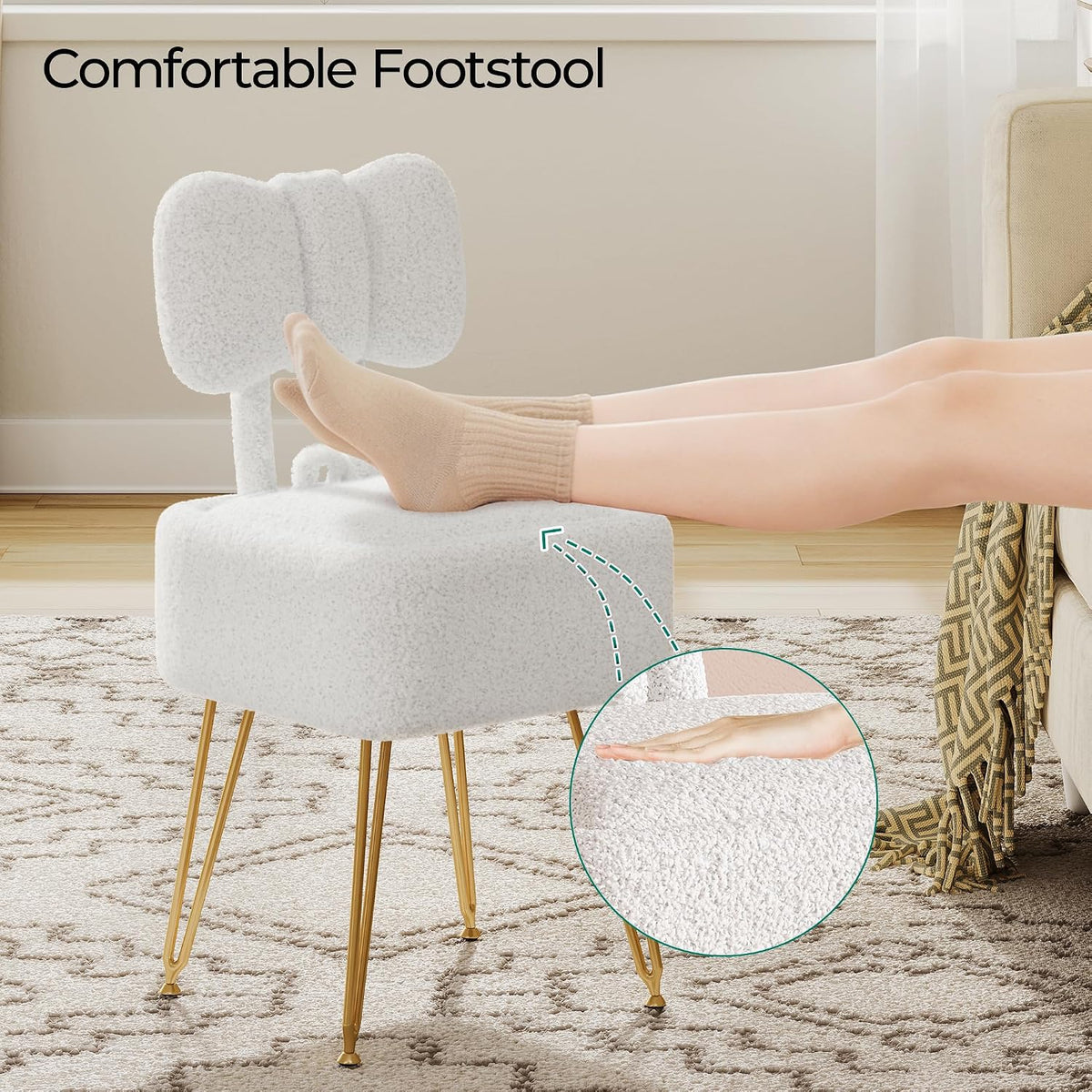 Small Vanity Chair with Storage, Vanity Stool with Folding Back, Chair for Vanity, Footrest Footstool Ottoman, Teddy Fleece Vanity Stool for Makeup, Bedroom, Living Room, White