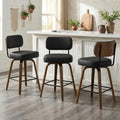 Swivel Bar Stools Set of 3, 26" Counter Height, Black | Walnut Wood Legs, Upholstered Seat, Supportive Backrest, Easy-Clean Faux Leather, Mid-Century Modern, 4-Inch Cushion