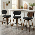 Swivel Bar Stools Set of 3, 26" Counter Height, Black | Walnut Wood Legs, Upholstered Seat, Supportive Backrest, Easy-Clean Faux Leather, Mid-Century Modern, 4-Inch Cushion