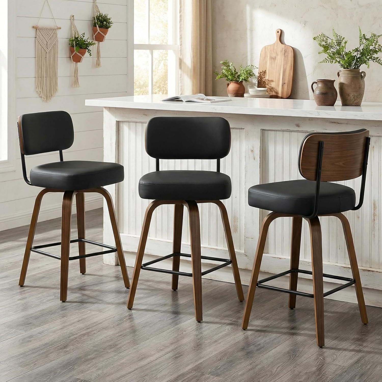 Swivel Bar Stools Set of 3, 26" Counter Height, Black | Walnut Wood Legs, Upholstered Seat, Supportive Backrest, Easy-Clean Faux Leather, Mid-Century Modern, 4-Inch Cushion
