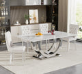 SSLine Modern White Marble Dining Table Set for 4,Luxury 69" Faux Marble Kitchen Table with Velvet Tufted Chairs for 4,5-Piece Dining Room Table Set with Silver Stainless Steel U-Shape Base