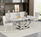 SSLine Modern White Marble Dining Table Set for 4,Luxury 69" Faux Marble Kitchen Table with Velvet Tufted Chairs for 4,5-Piece Dining Room Table Set with Silver Stainless Steel U-Shape Base