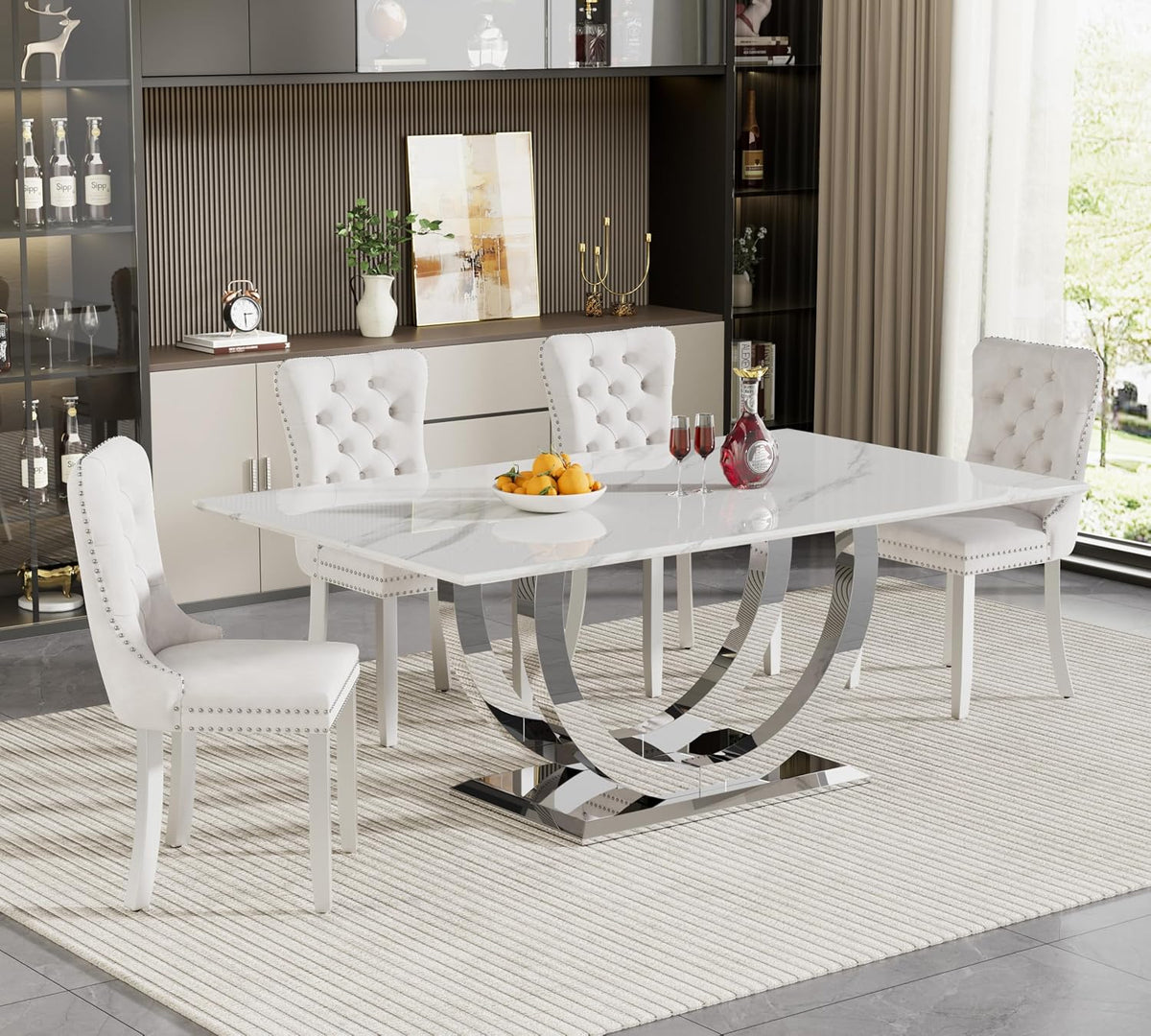 SSLine Modern White Marble Dining Table Set for 4,Luxury 69" Faux Marble Kitchen Table with Velvet Tufted Chairs for 4,5-Piece Dining Room Table Set with Silver Stainless Steel U-Shape Base