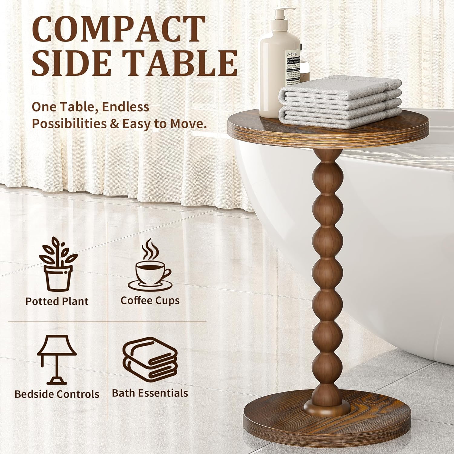 Round Side Table, Drink Table for Small Spaces, Modern Accent Nightstand with Rubberwood Leg for Living Room, Bedroom, Corners, and Office (Brown)