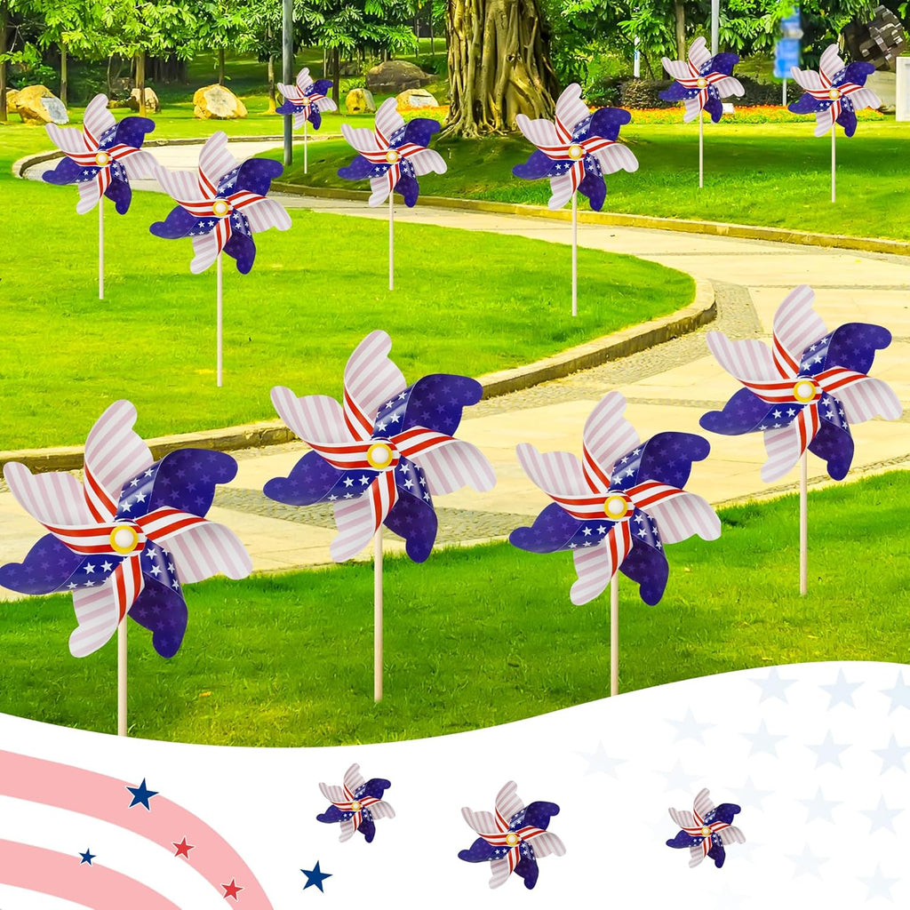 HOOSUN 12 Pcs Patriotic Pinwheels for Yard and Garden Patriotic Decorations,American Flag Pinwheels to Scare Birds Away,Red White and Blue Decorations Reflective Wind Spinners,Veterans Day Decorations