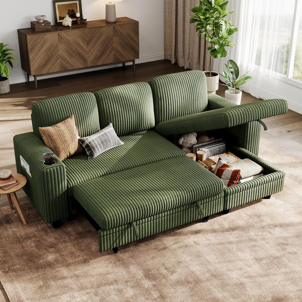 LINSY HOME Sectional Sleeper Sofa Pull Out Couches for Living Room (Green, Sleeper Sofa 1) | Pull Out Sofa Bed, Storage, USB Charging, Cup Holders, Plush Corduroy