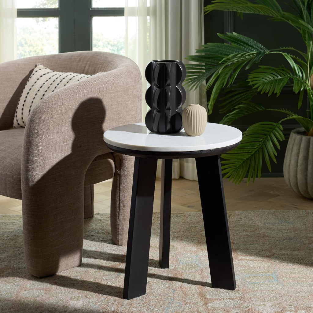 SAFAVIEH Home Collection - Sanji Marble Top Accent Table, Round Modern Side Table, White Marble & Black Base (ACC3737B)