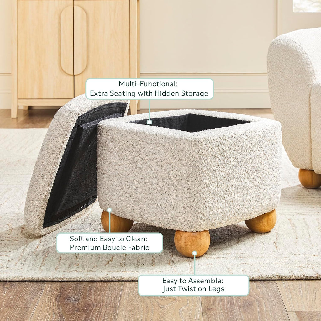 Walker Edison Linley Contemporary Small Storage Bouclé Ottoman with Wood Legs, Ivory