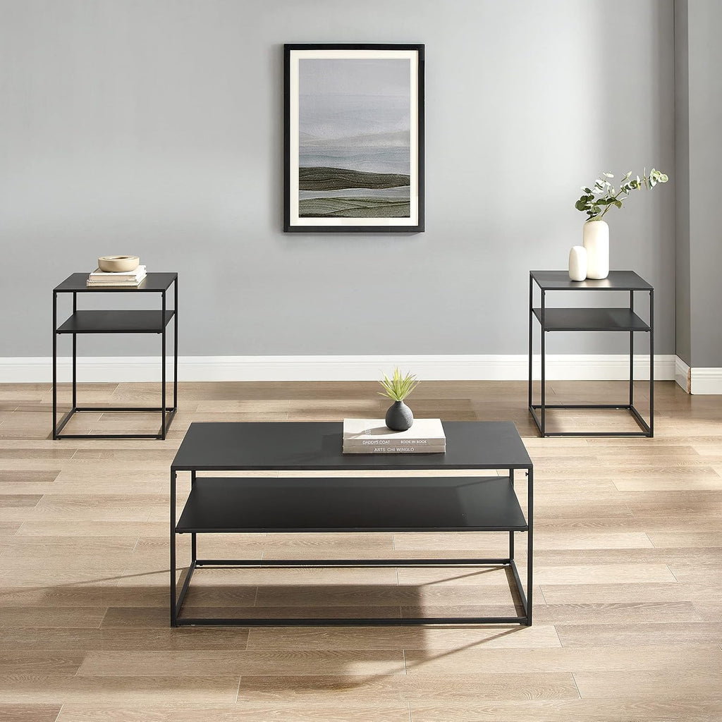 Crosley Furniture Braxton 3-Piece Living Room Table Set with Coffee and Side Tables, Matte Black